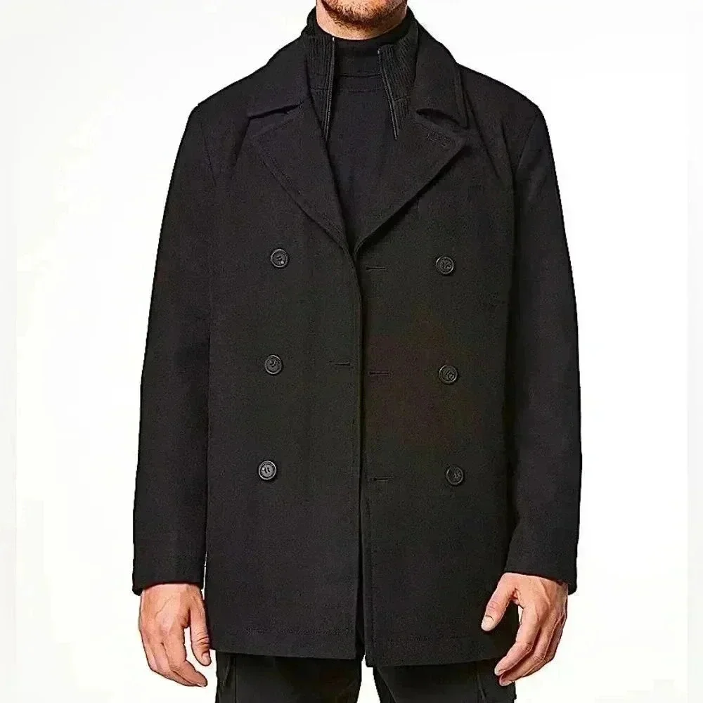 New Marc New York Wool Winter Coat Double Breasted Peacoat Black Tailored